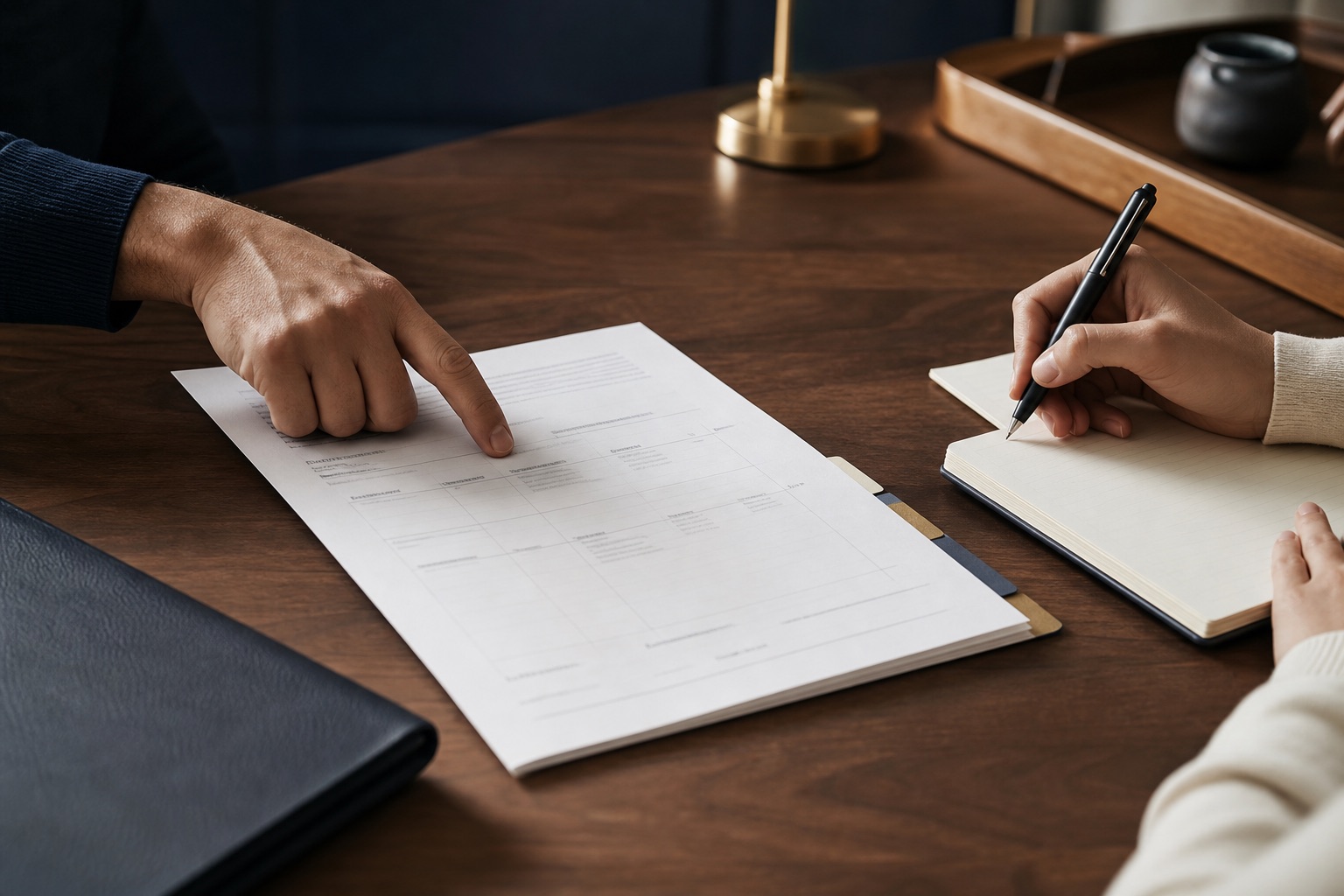 Advisor and client organizing a personal credit planning worksheet