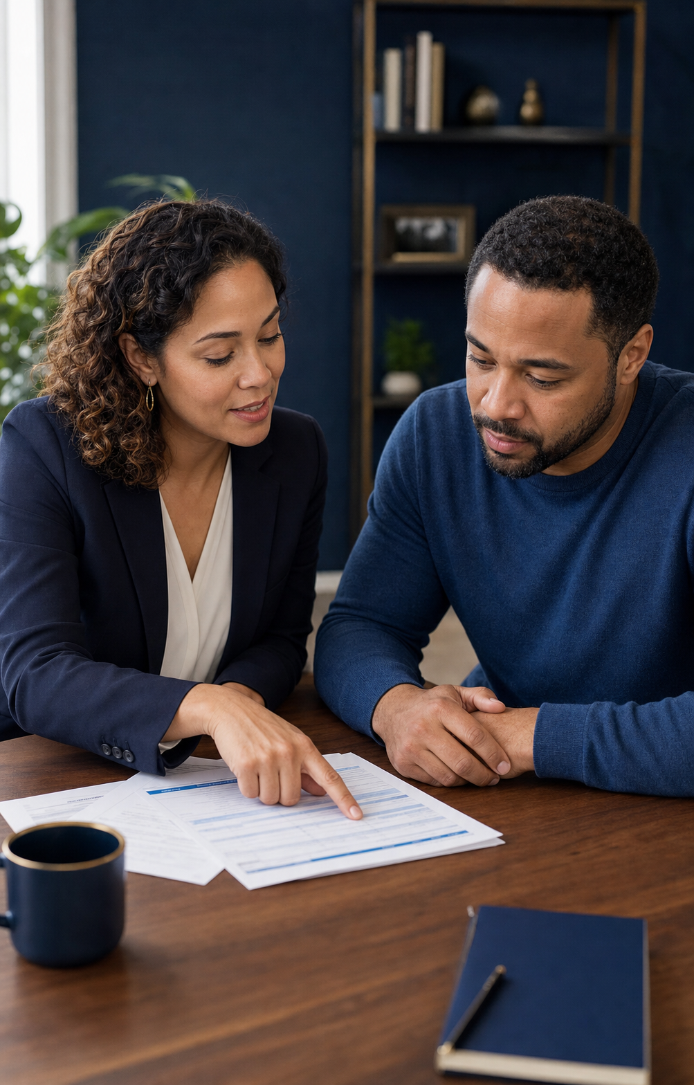 Credit advisor guiding a client through a clear review of his credit report