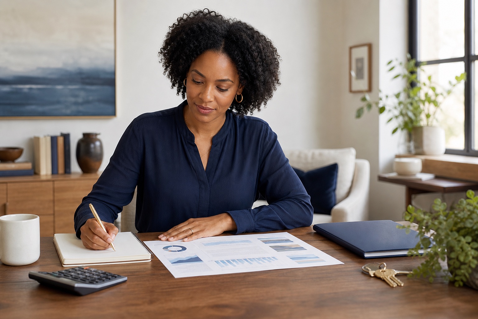 Professional reviewing an organized personal credit roadmap and planning her next steps