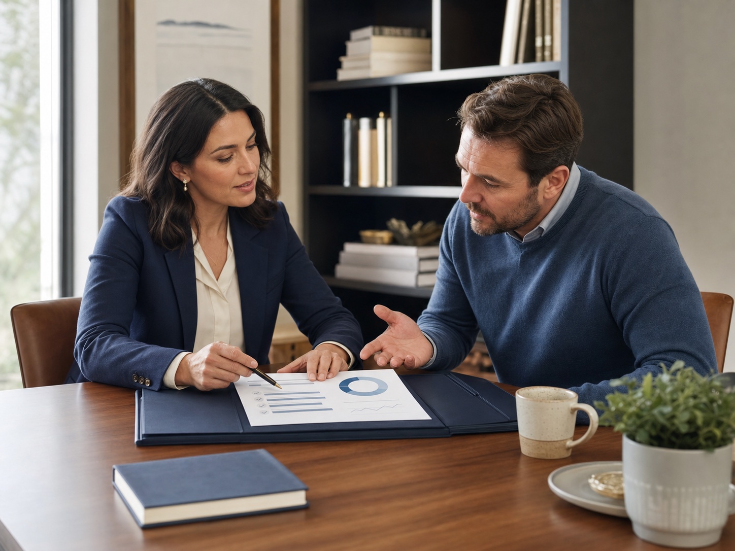 Credit advisor answering a client's questions while reviewing a clear financial summary